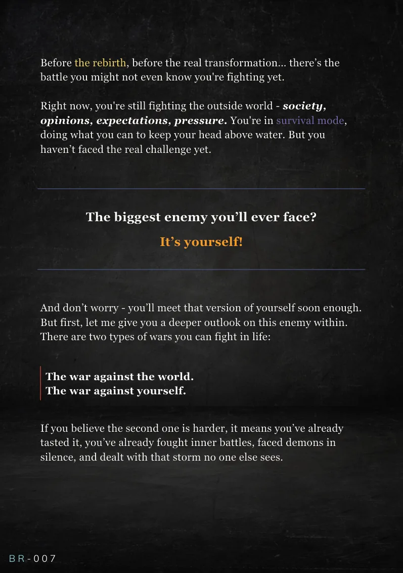Page BR-007: The biggest enemy you'll ever face? It's yourself.
